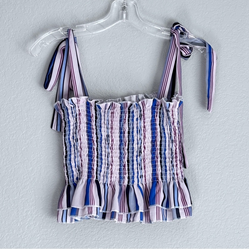Tie Shoulder Ruffle Colorful Striped Smocked Crop Tank Top women’s M